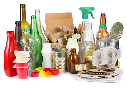 A collection of various household rubbish items arranged on a flat surface, including glass bottles in green, brown, and clear, plastic bottles and containers in red, white, and clear, some with caps removed or scattered nearby, along with crumpled paper and cardboard packaging, a metal tin can, and a spray bottle with a green trigger. The background is plain and neutral, emphasizing the diverse textures of the recyclable waste, such as smooth glass, glossy plastic, and crumpled paper. The scene suggests a typical mixture of waste ready for removal or recycling, representative of rubbish collected by services like Garden Clearance Mottingham in the local area. The composition highlights the variety of materials often found in household waste, which a professional rubbish removal service would efficiently clear from residential or garden environments in the Nottingham or wider UK area, with the focus on proper sorting and disposal.